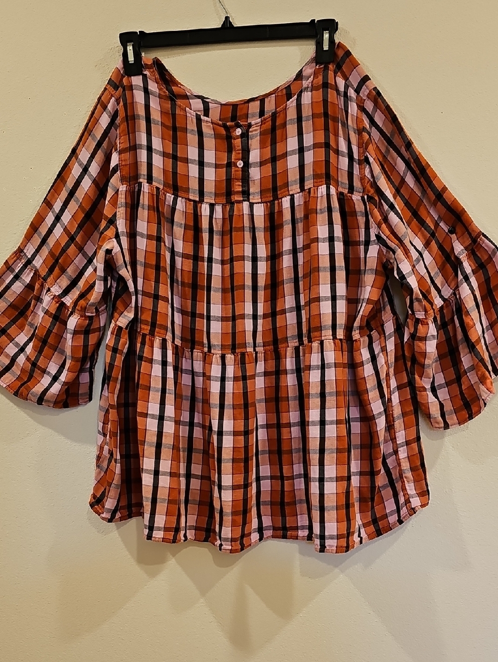EVRI Orange / Pink/ Black Plaid Tiered Peasant Pull Over